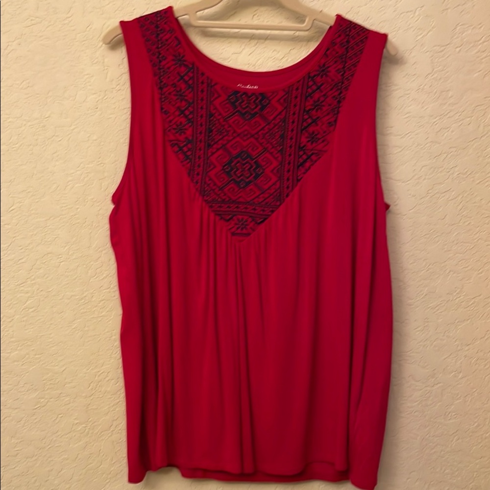 Croft & Barrow Red Embellished Tank Top with navy blue embroidered design